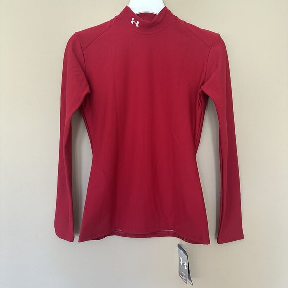 Under Armour Compression Top Women L Long Sleeve Red Base Layer Cold Gear Mock - Picture 1 of 11
